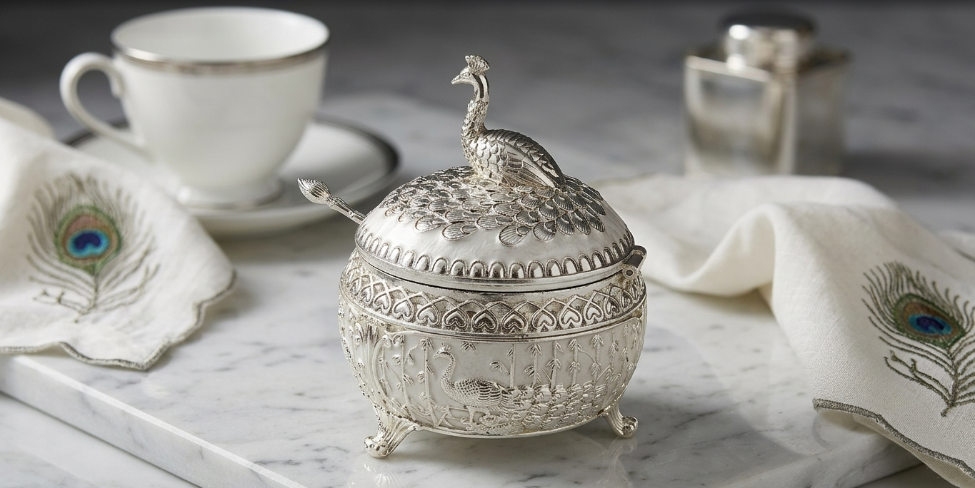 Peacock Sugar Pot (White)